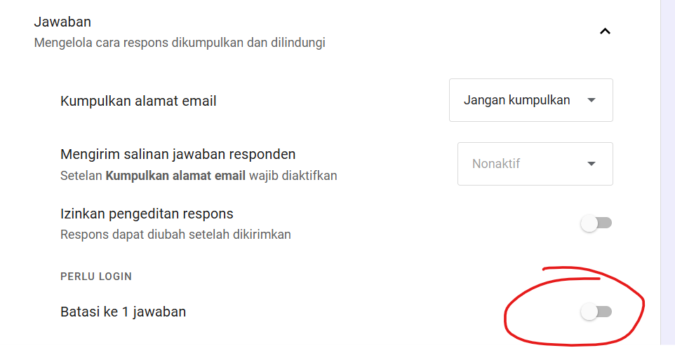 Contoh pengaturan Jawaban Google Form: toggle Batasi ke 1 jawaban dalam keadaan nonaktif